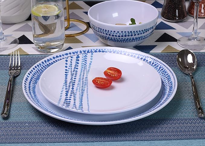 Melamine Dinnerware Sets, 12Pcs Plates and Bowls Sets Dinnerware Sets for 4, Unbreakable Dish Set for Indoor and Outdoor Use, Dishwasher Safe Raindrops Design