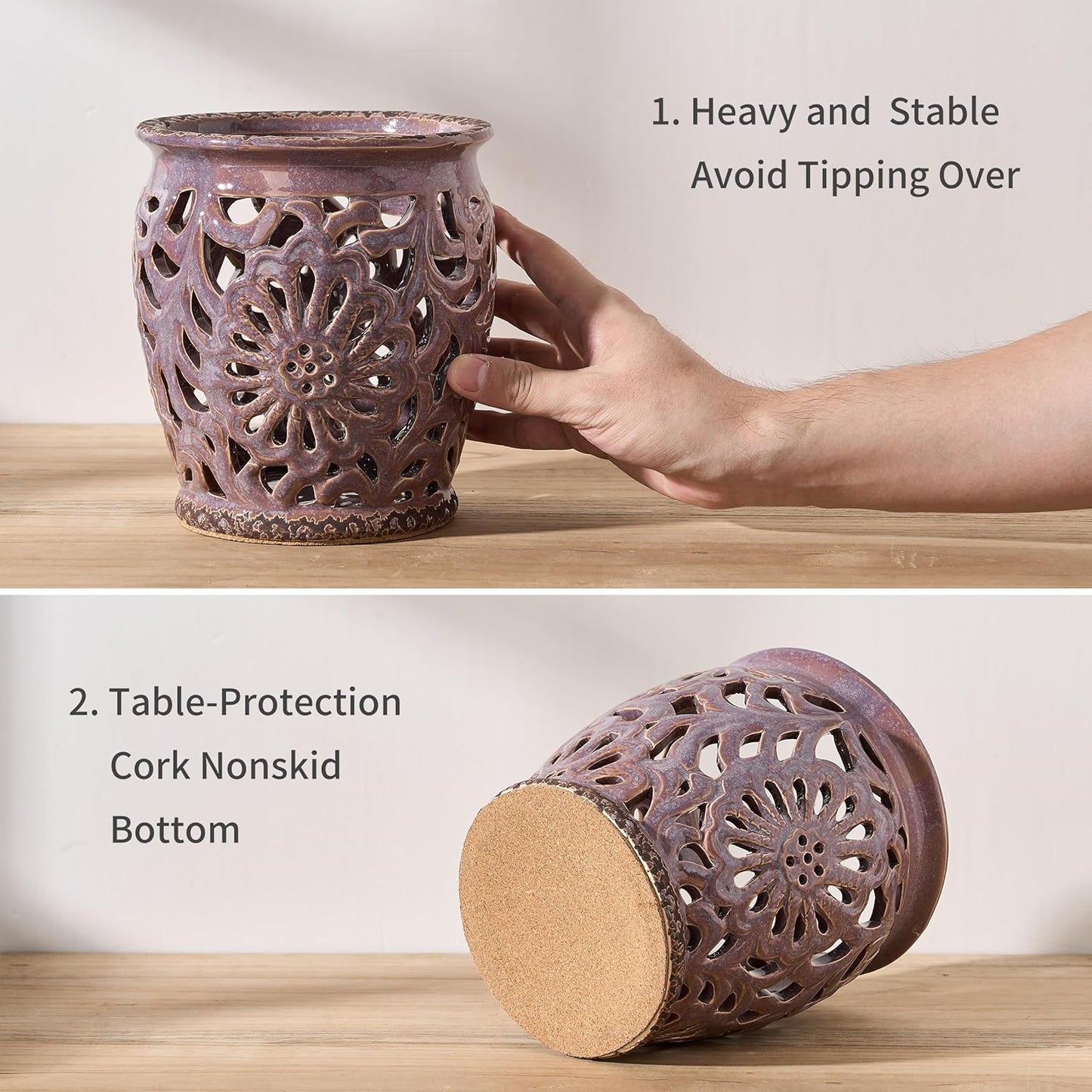 Farmhouse Kitchen Utensil Holder for Kitchen Counter, Ceramic Large Cooking Utensil Crock with Cork Mat, Decorative Rustic Utensil Organizer for Countertop, Spatula, Antique Purple