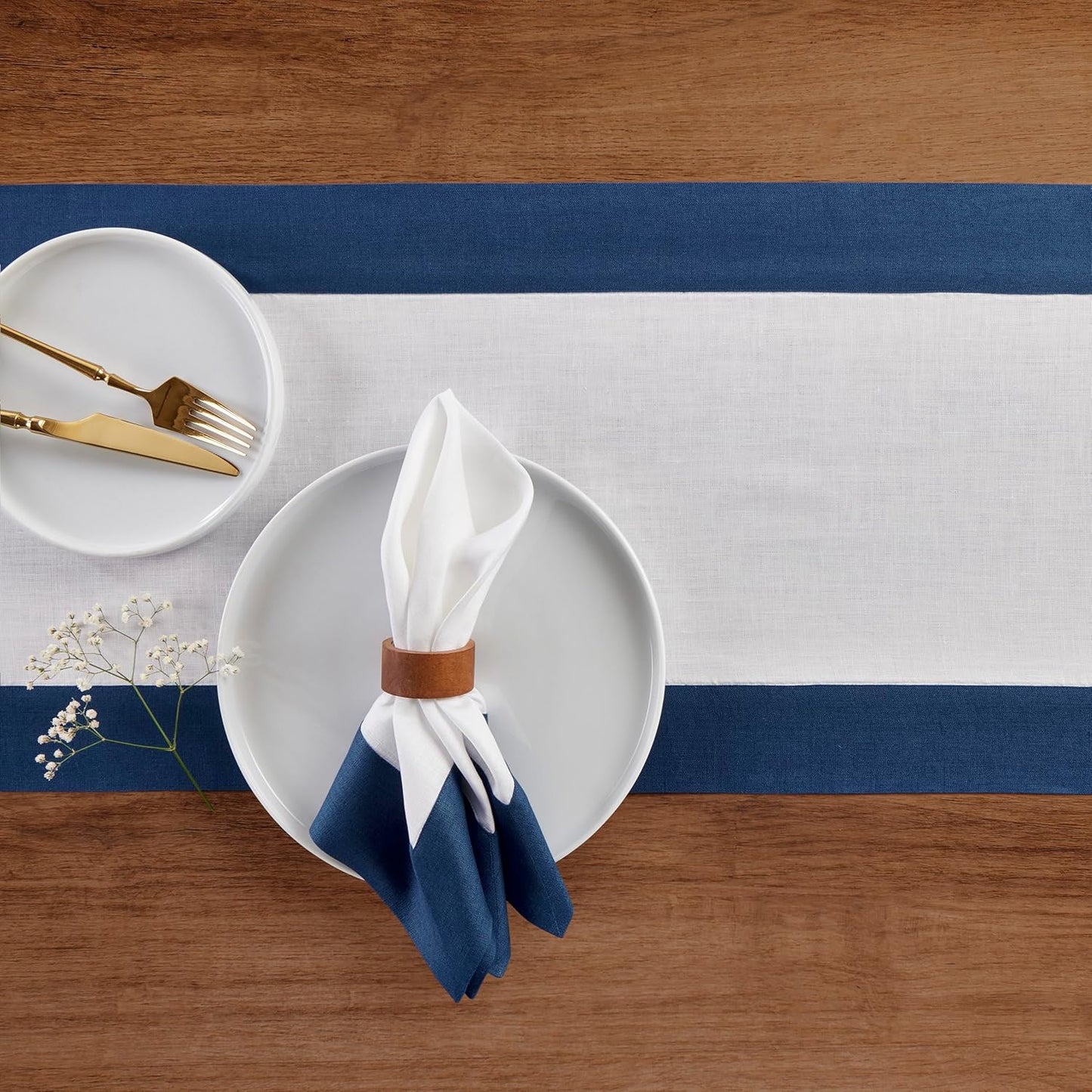 Solino Home Linen Table Runner 72 Inches Long - Indigo Blue and White 100% Pure Linen 14 x 72 Inch Table Runner for Dining, Fall, Autumn, Thanksgiving - Contempo