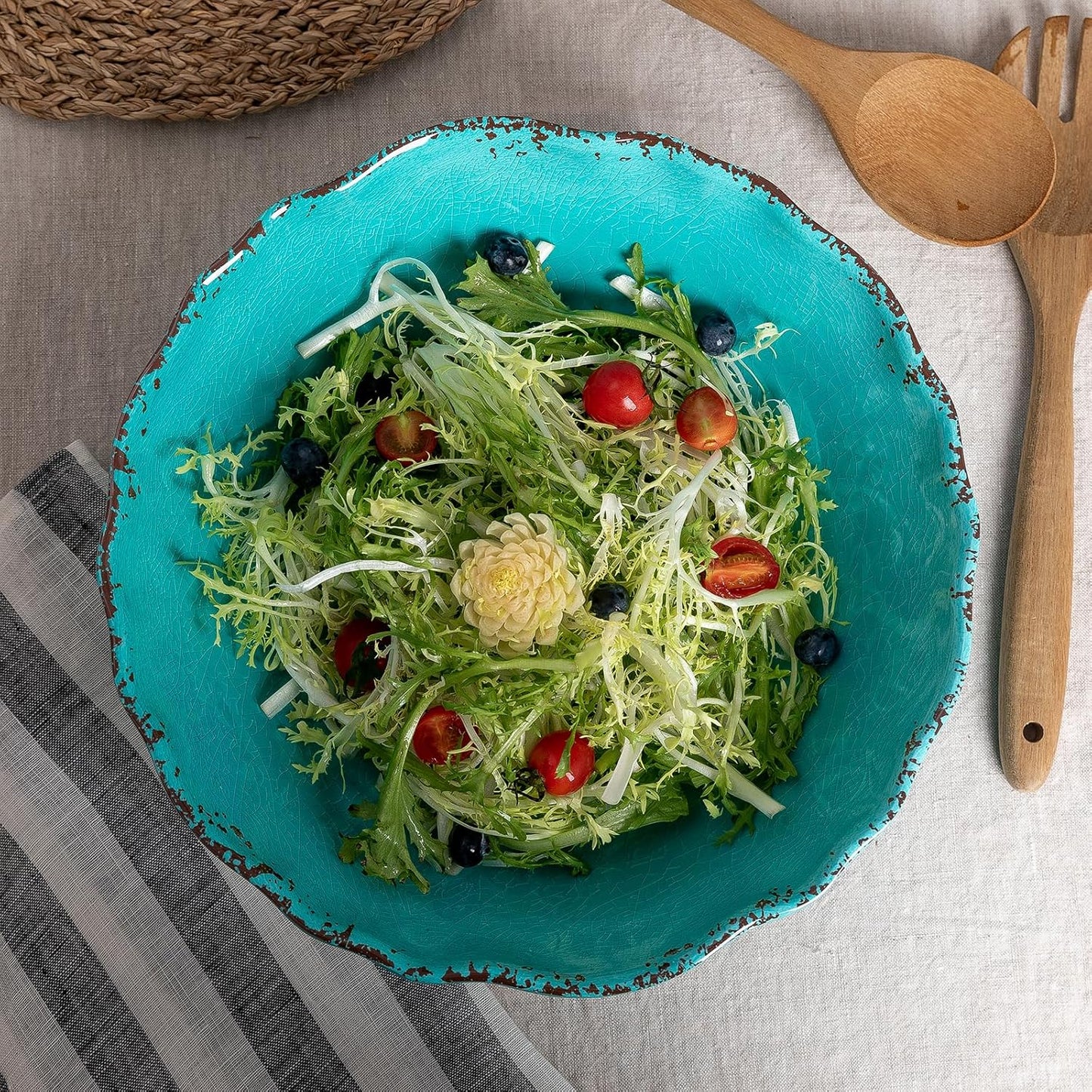 LEHAHA Vintage Melamine Salad Bowls Set, 2 pieces 130 OZ Large Pasta Bowls and Mixing Bowls, 12 inches Chip resistant Large Serving Bowls for Entertaining, Dishwasher Safe, Teal…