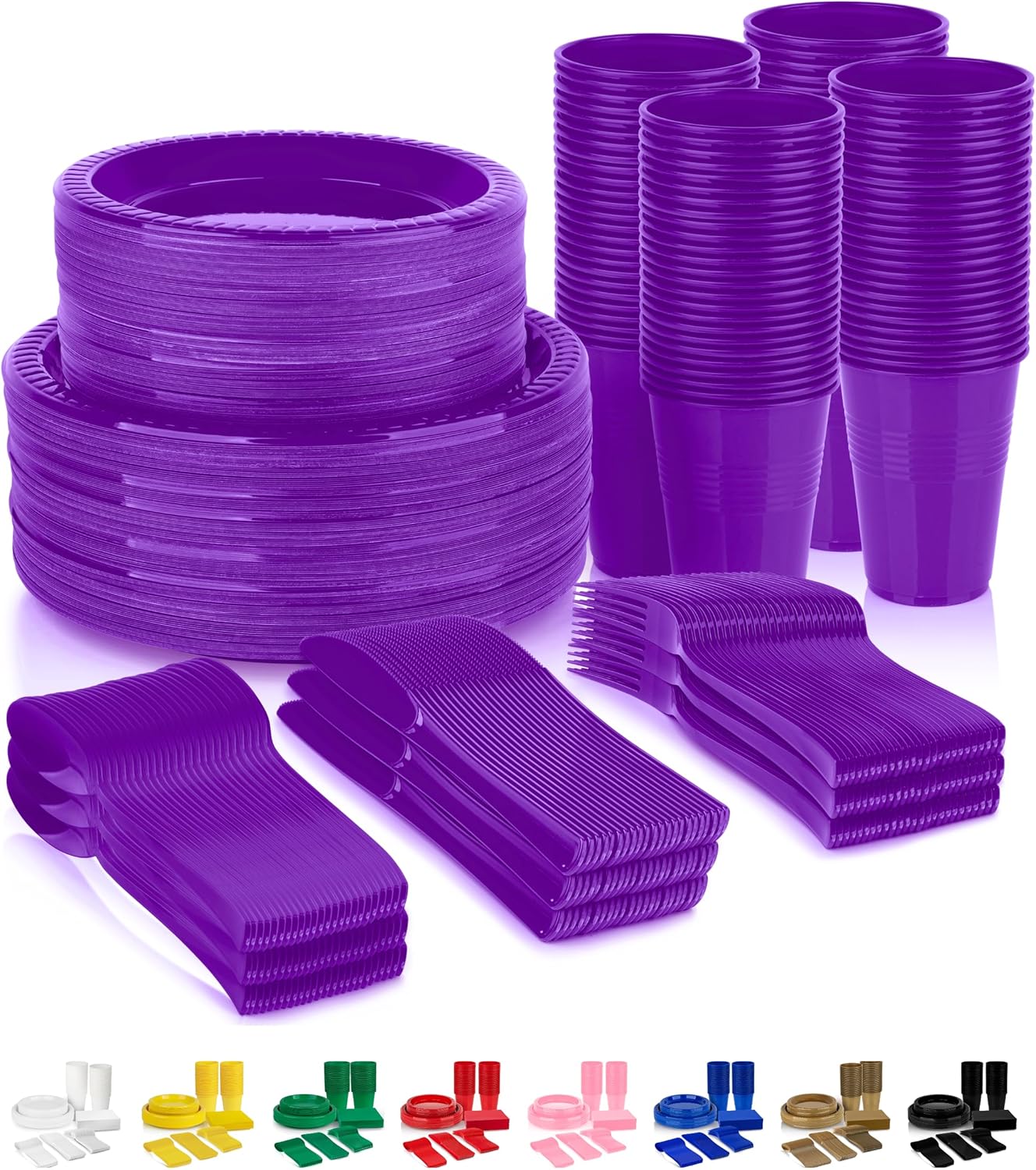 Grandipity 720 Piece Purple Disposable Dinnerware Set, Plastic Dinnerware Set Includes 120 Count 9' Dinner Plates, 7' Dessert Plates, 12oz Cups, Forks, Knives & Spoons