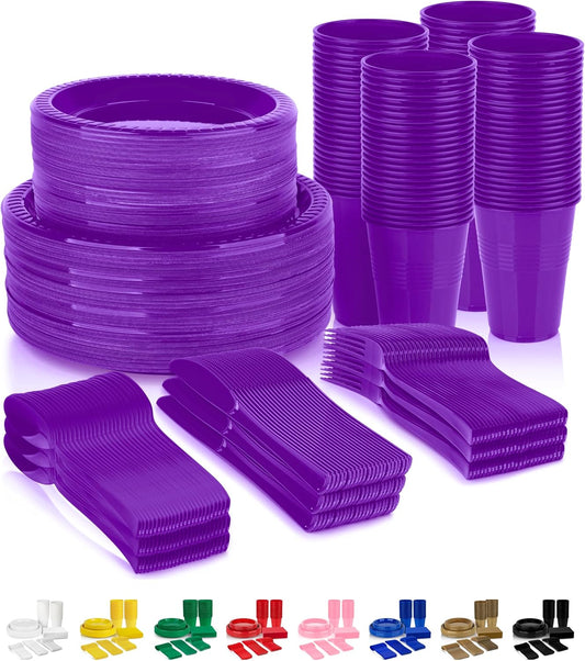 Grandipity 720 Piece Purple Disposable Dinnerware Set, Plastic Dinnerware Set Includes 120 Count 9' Dinner Plates, 7' Dessert Plates, 12oz Cups, Forks, Knives & Spoons