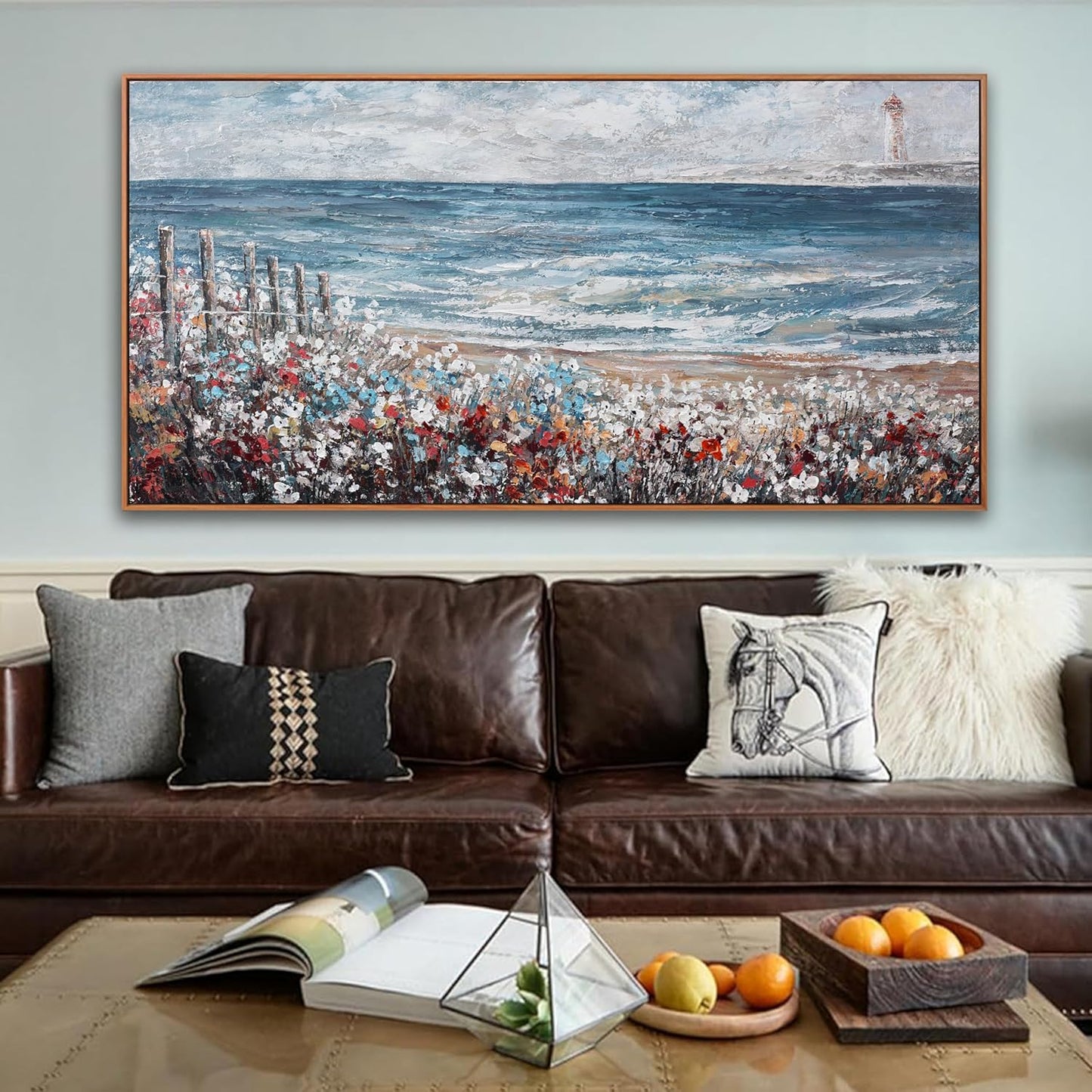 Large Wall Art Scene Decor Canvas Print Painting Picture Artwork Framed Blue Sea Colorful flowers Landscape For Living Room Bedroom Living Room And Office Wall Decor 29 x 58 Inch