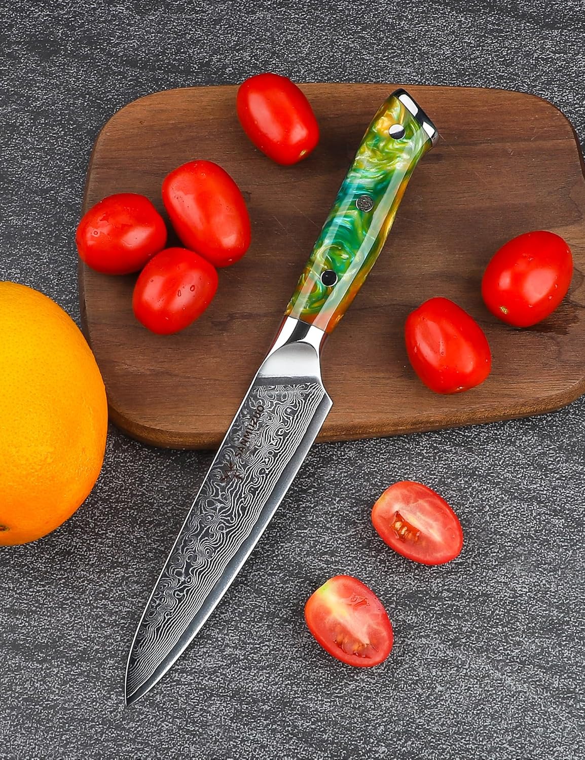 5 Inch Kitchen Utility Knife - Xuan Series Kitchen Knives - VG10 Damascus Steel with Resin Handle (Fantasy Orange)
