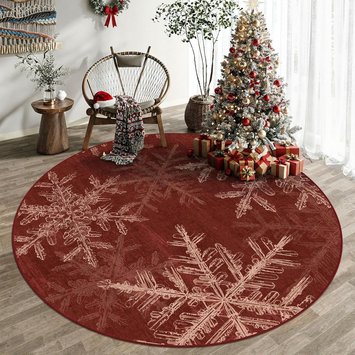 Round Area Rug 4x4 Red Christmas Entryway Carpet 4ft Circle Rug Snowflake Indoor Kitchen Washable Door Mat Living Room Carpet Decorative Holiday Decor Dining Room Bathroom