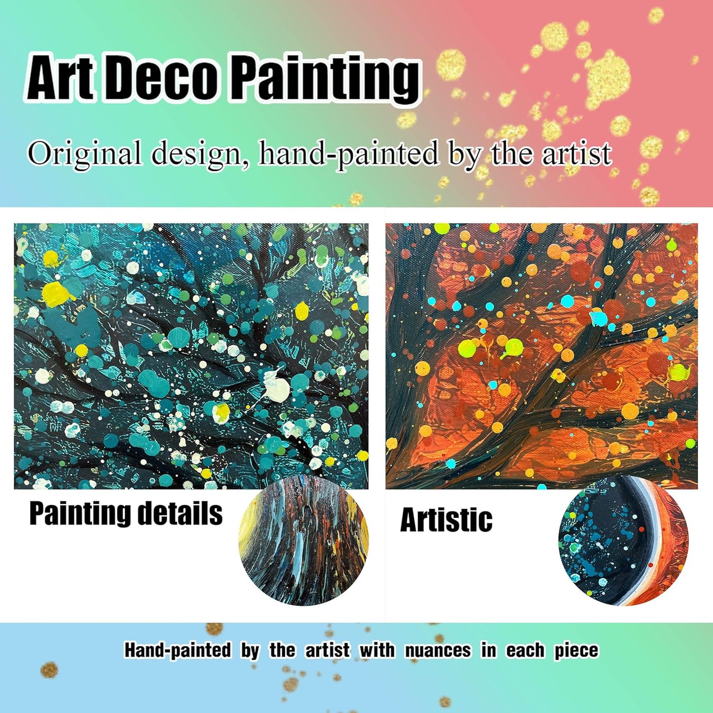 Tree Pictures Wall Decor for Living Room - Abstract Hand Painted Wall Art for Office - Teal and Gold Wall Art for Bedroom Size 20" x 40"