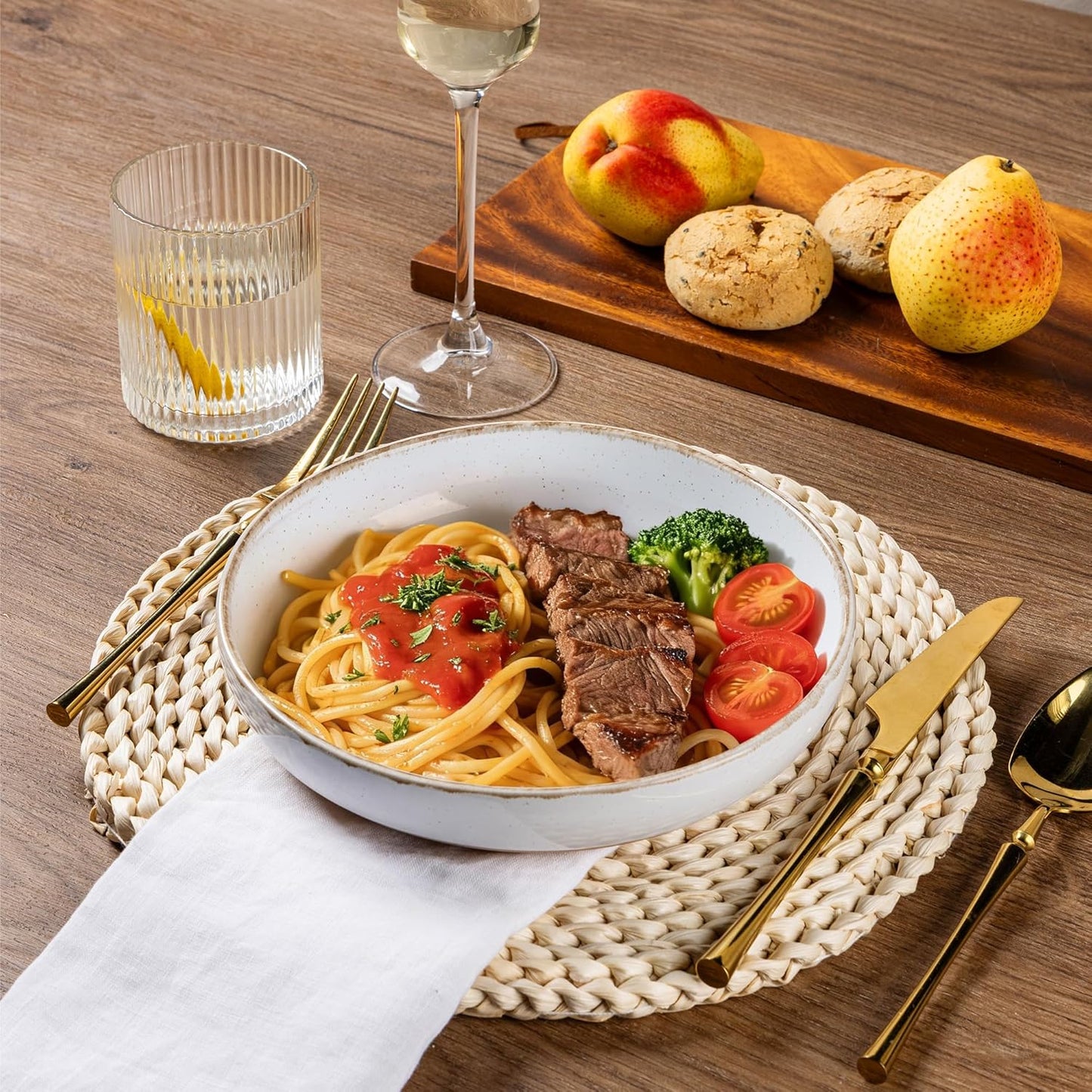 AmorArc 8.75'' Large Ceramic Pasta Bowls, 36oz Handpainted Stoneware Bowls Set of 4, Microwave&Dishwasher Safe Bowls with Wavy Rim&Rustic Terracotta Underside for Pasta Salad, White-Handbrush Rim