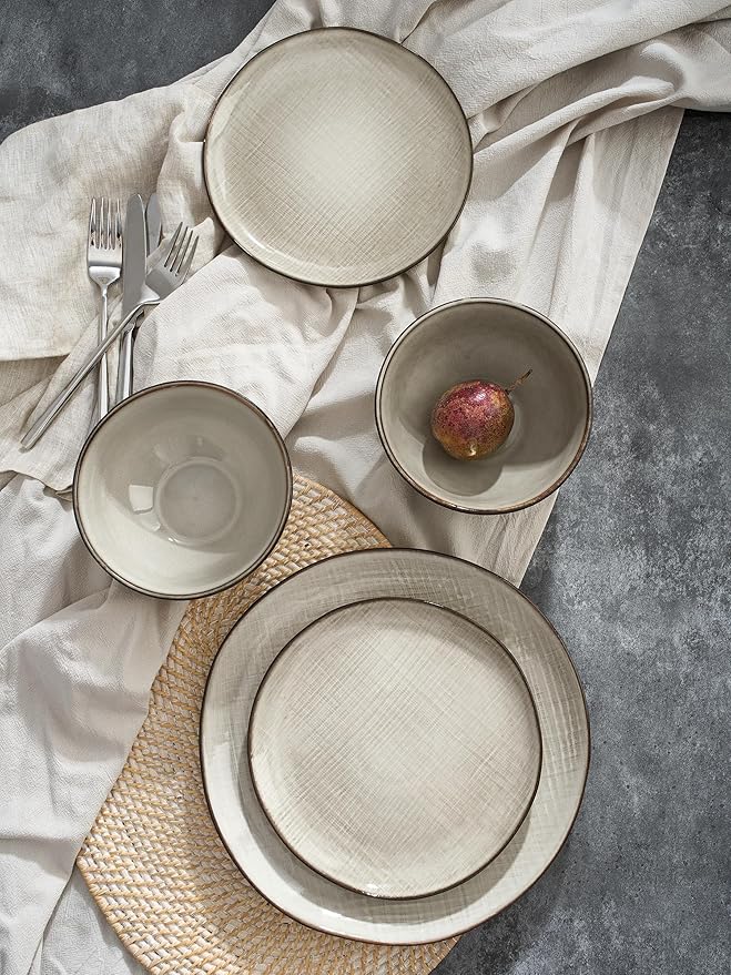 Famiware Moonlight Plates and Bowls Sets, 24 Pieces Stoneware Dinnerware Sets with Linen Finish, Dishware set for 8, Microwave and Dishwasher Safe, Chip and Scratch Resistant, Summer Sand