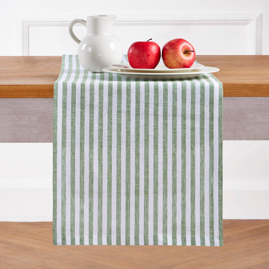 Solino Home Linen Table Runner 108 Inches Long - Amalfi Stripe, 100% Pure Linen Green and White Table Runner 14 x 108 Inch for Dining, Fall, Autumn, Christmas