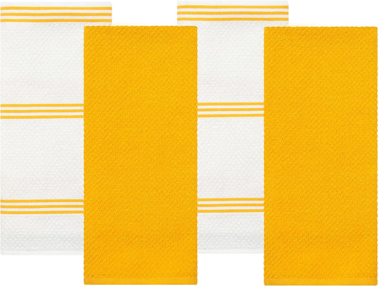 Sticky Toffee Cotton Kitchen Towels Set of 4 – Yellow and White Dish Towels 28x16 in, Reusable and Absorbent Tea Towels for Cleaning or Drying, Oeko-Tex Cotton