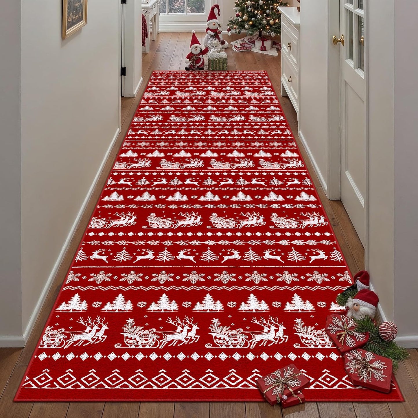 2x10 Christmas Runner Rug Red Washable Carpet Xmas Elk Holiday Decor Kitchen Non Slip Soft Low Pile Carpet Indoor Throw Snowflake Rug Laundry Room Living Room Bedroom Dining Room