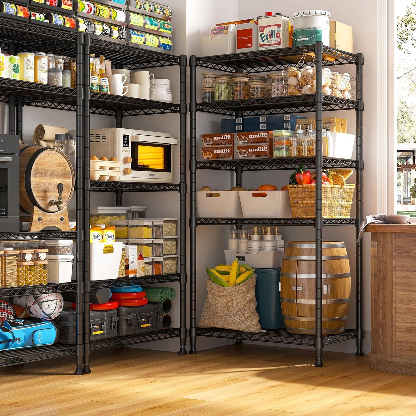 REIBII 1000LBS Wire Shelving Unit, 5 Tier Adjustable Metal Storage Shelves for Kitchen Pantry Office Steel Organizer Wire Rack for Narrow Space, 13.4" D x 23.2" W x 60" H, Black,4PCS