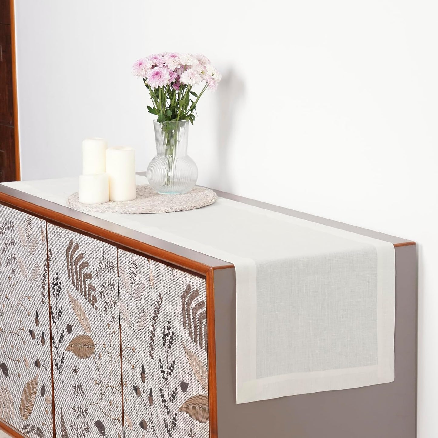 D'Moksha Homes Linen Ivory Table Runner 60 Inches - 100% Pure Linen Short Table Runner 14 x 60 Inch for Coffee Tables, Dresser, Fall, Autumn and Halloween - Machine Washable