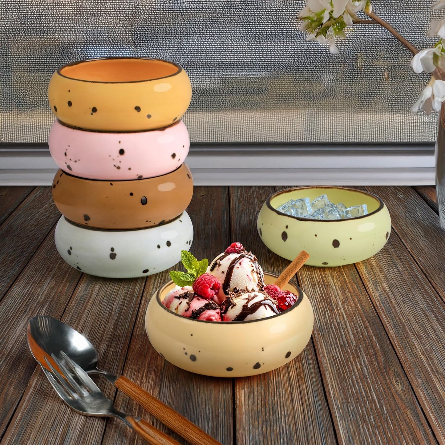 Small Hand Craft Dessert Bowls - 13.5oz Set of 6 - Microwave, Oven, Dishwasher Safe, Ice Cream, Soup, Snacks, Rice, Cereal, Chili, Side Dishes Dips, Ideal Gift - Blossom Assorted Color
