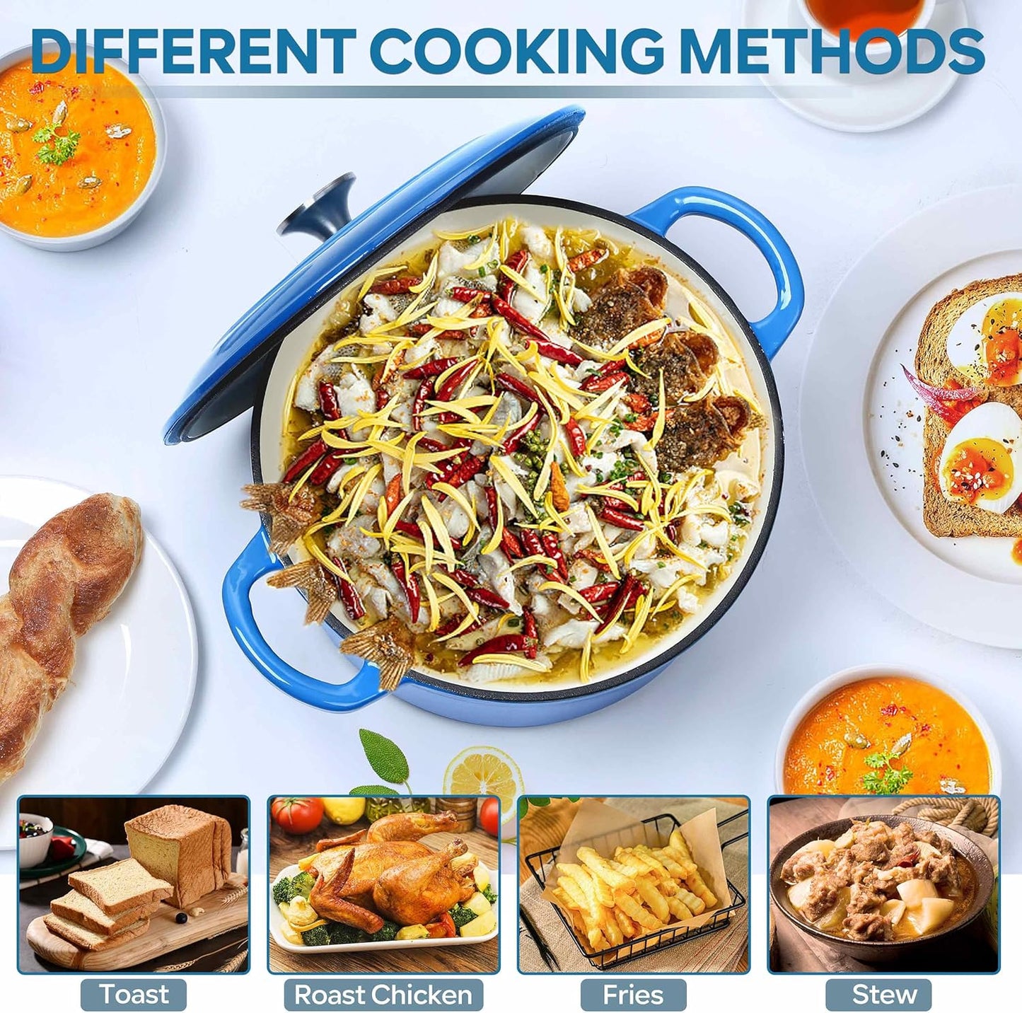 Herogo 6 QT Enameled Cast Iron Round Dutch Oven Pot with Dual Handles, Lid & Silicone Trivet Mat, for Bread Baking Stewing Roasting, Nonstick & Easy Cleanup, Safe for Various Stovetops-Blue