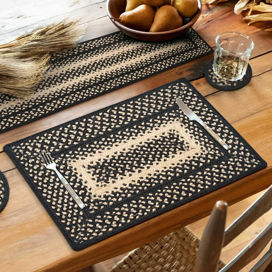 Homespice Manchester Dining Placemats, Country Primitive Decor, Set of 6, Black and Tan - 13x19 Rectangle Table Mats - Vibrant Colors, Durable, Easy to Clean and Protects Furniture