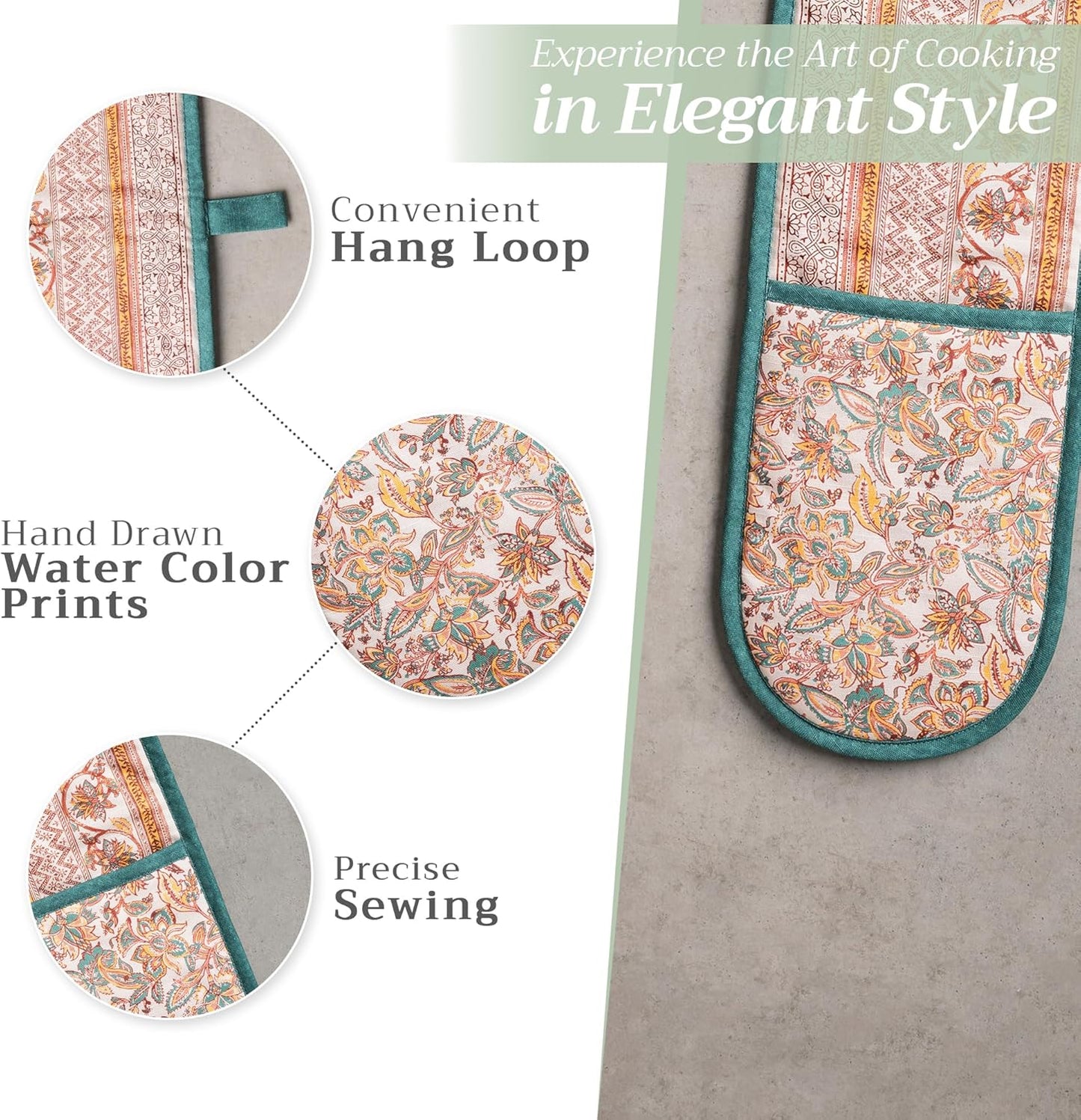 Maison d' Hermine Double Oven Mitt (7" x 35") 100% Cotton Heat Resistant BBQ Cooking Gloves with Loop for Thanksgiving Christmas Decorations Baking Cooking Barbeque Handling Hot Pan (Nila)