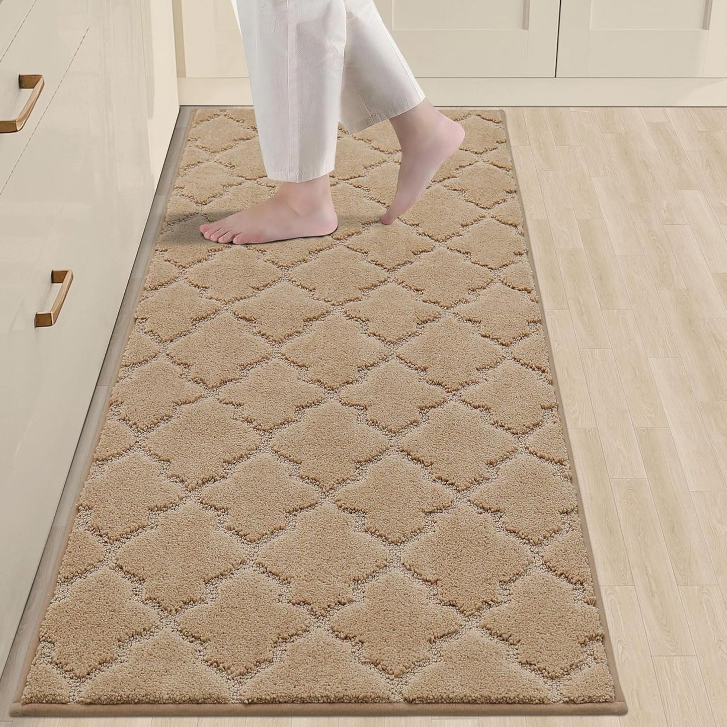 COSY HOMEER-Kitchen-Rugs-Non-Slip-Washable 24"x60" Absorbent Kitchen Runner Rug Polyester Kitchen Mats for Floor Soft Standing Floor Mats for Sink Mat,Hallway,Laundry,Beige