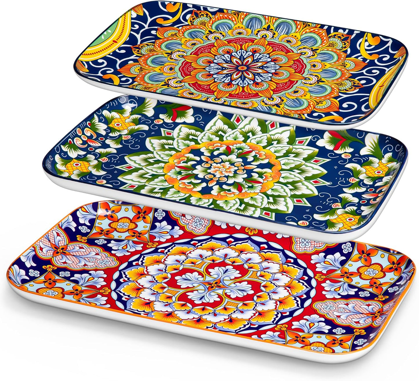 vancasso Serving Platters Set of 3, 16"/14"/12" Inch Rectangular Trays - Serving Platter Extra Large, Bohemian Ceramic Serving Dish for Entertaining Food, Microwave & Dishwasher Safe, Colorful
