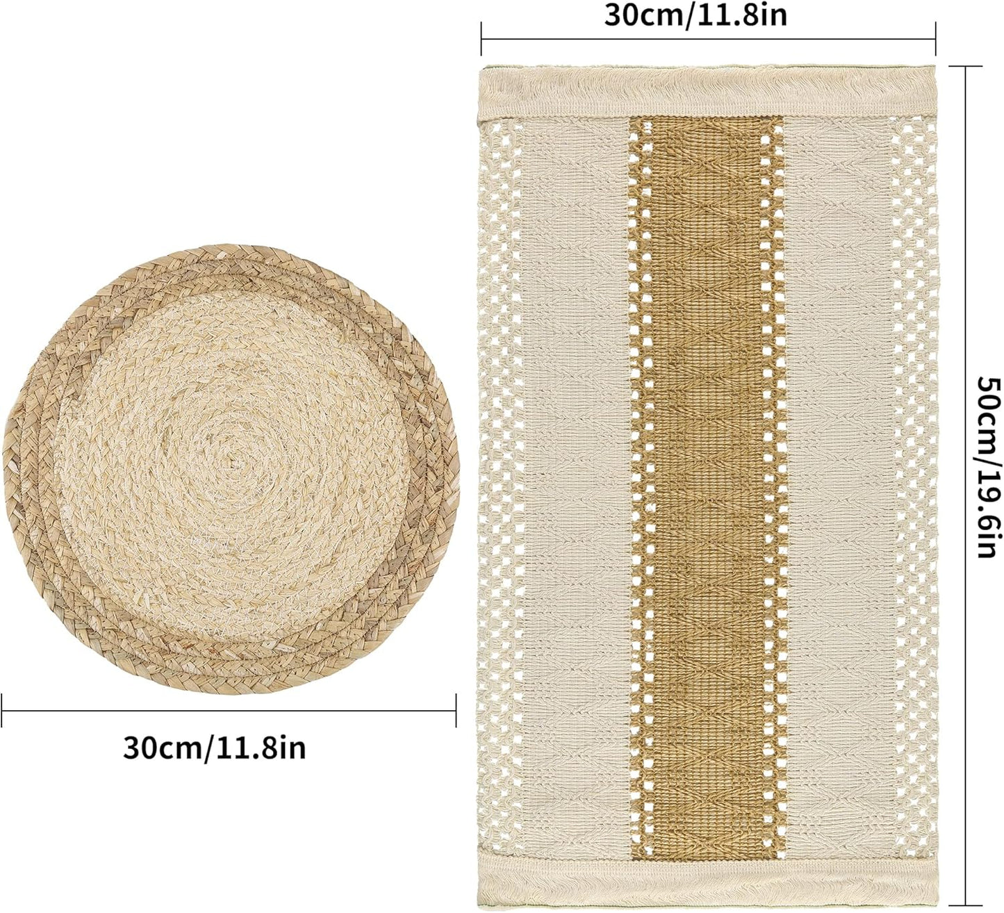 Handmade Boho Placemats Set of 4 - Natural Cotton Burlap and Water Straw Woven Combination Table Mats, Macrame Décor and Farmhouse Style Placemats, for Dining Table Kitchen