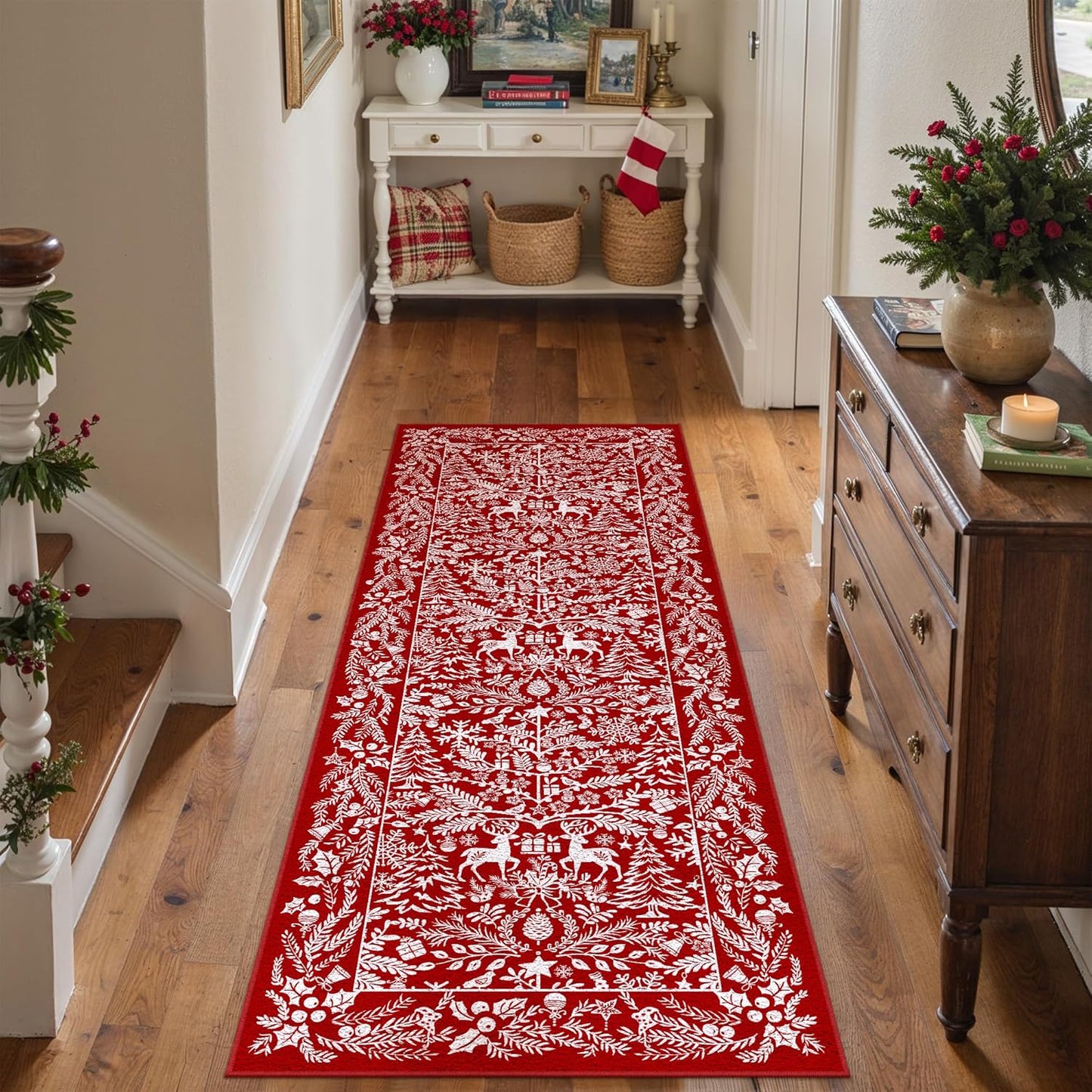 Christmas Runner Rugs 2x6 Machine Washable Hallway Rugs Low Pile Carpet Red Snowflake Non-Slip Indoor Doormat Christmas Deer Long Carpet for Bedroom Kitchen Entryway Bathroom Laundry Room