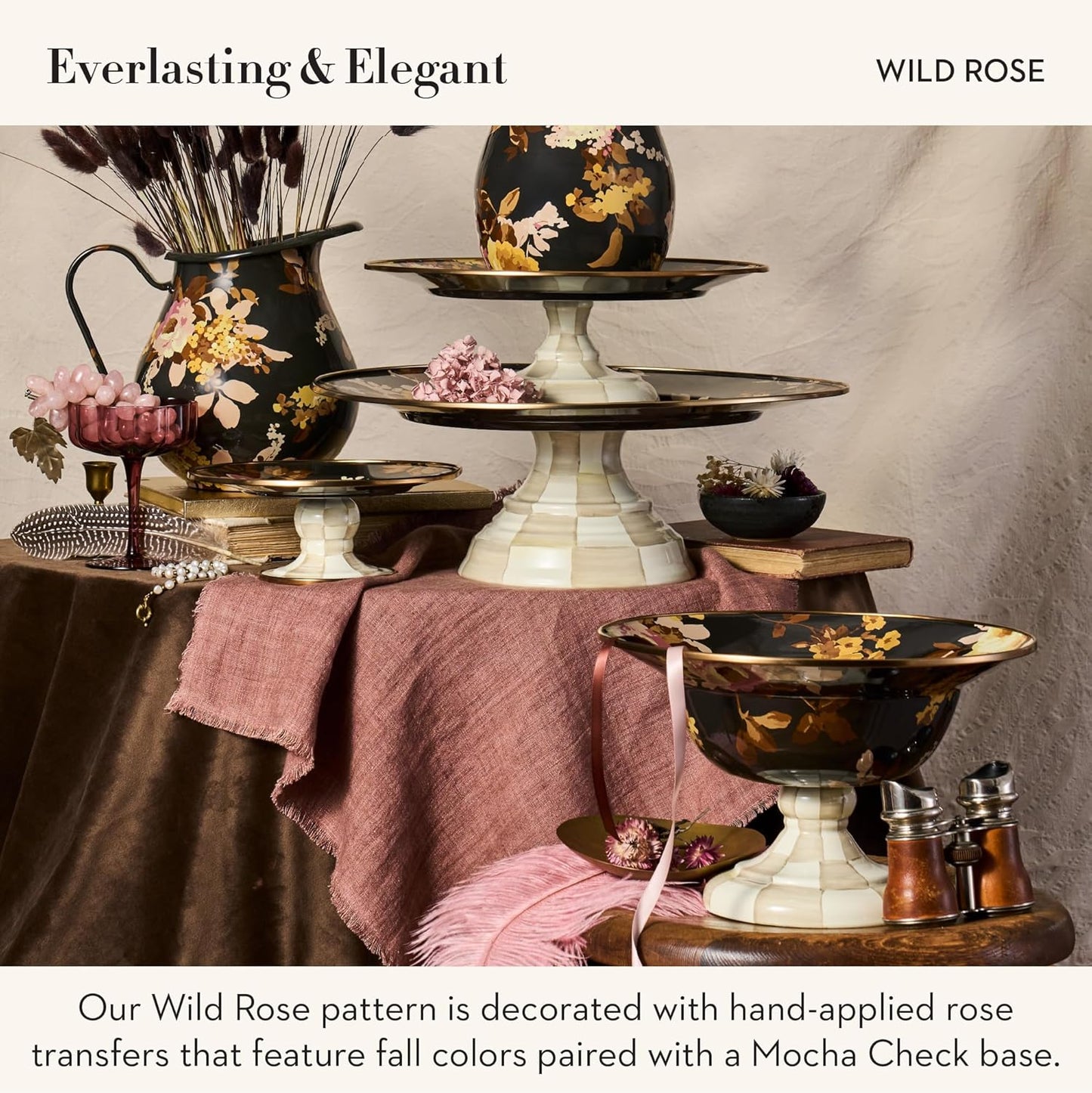 MACKENZIE-CHILDS Enamel Compote, Pedestal Serving Dish or Decorative Bowl, Large, Wild Rose Brown