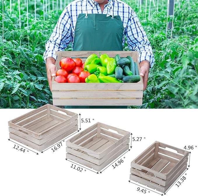 Farmhouse Wood Nesting Storage Crates with Handles, Decorative Tabletop Container Boxes, Bathroom Living Room Kitchen Organizer, Gift, Set of 3, Rustic Nature