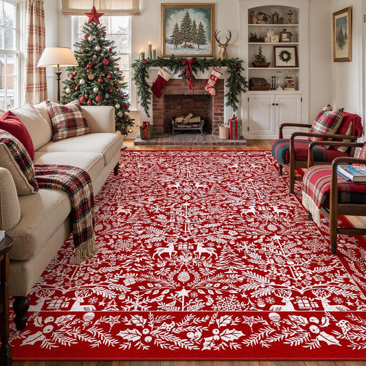 Christmas Area Rug 9x12 Machine Washable Xmas Snowflake Holiday Decor Living Room Rugs Low Pile Carpet Indoor Doormat Red Non-Slip Christmas Deer Carpet for Bedroom Kitchen Dining Bathroom