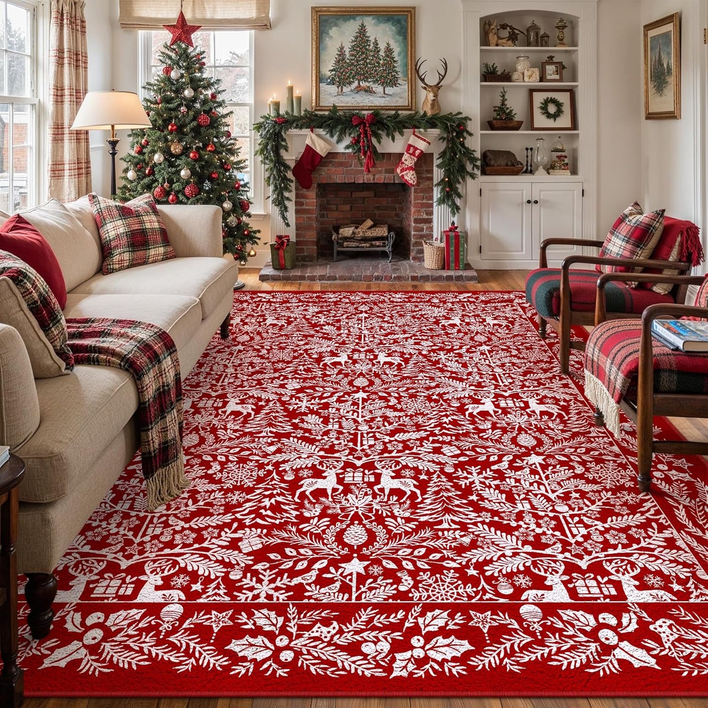 Christmas Area Rug 8x10 Machine Washable Xmas Snowflake Holiday Decor Living Room Rugs Low Pile Carpet Indoor Doormat Red Non-Slip Christmas Deer Carpet for Bedroom Kitchen Dining Bathroom