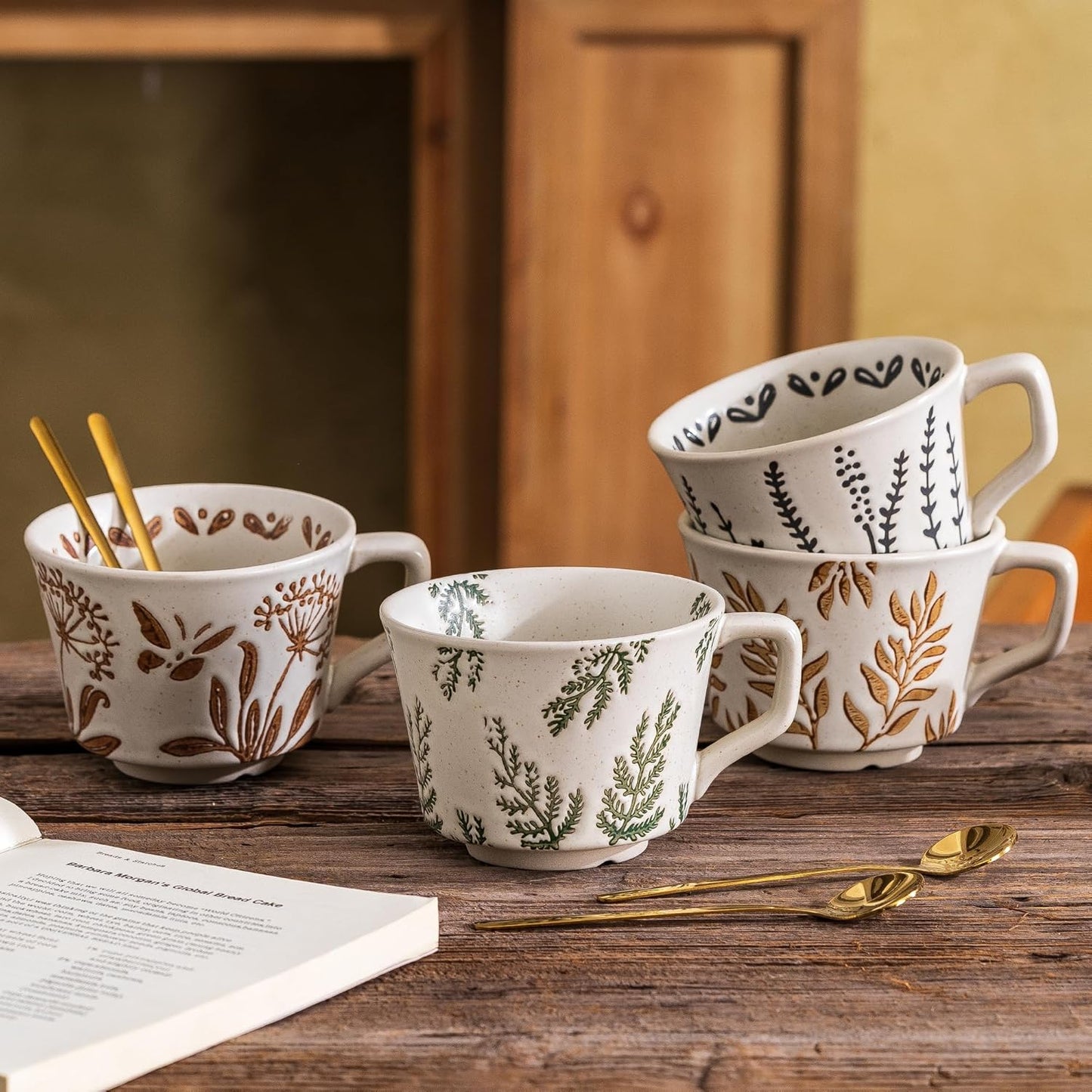 Ceramic Mugs Set of 4, 11oz Cups Set & 4 Gold Spoons, Large Coffee Mugs, Unique Embossment Plant Cups for Latte Tea Cappuccino Mocha Cocoa, Housewarming Wedding Gifts Microwave Dishwasher Safe