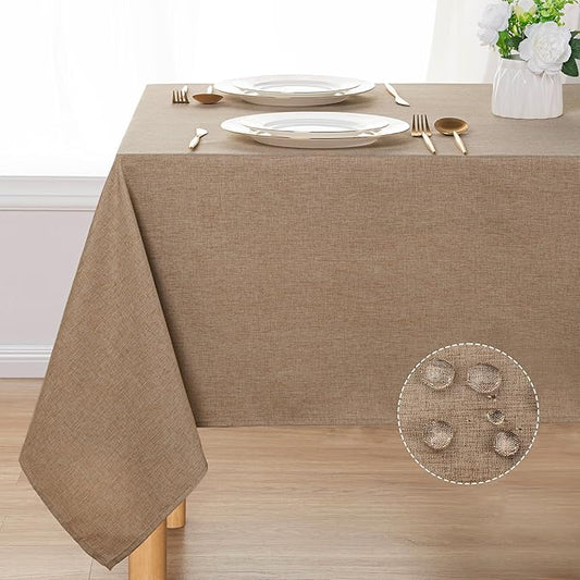 DWCN Rectangle Faux Linen Tablecloth - Textured Waterproof Spill-Proof Wrinkle and Stain Resistant Table Cloth Decorative Fabric Farmhouse Table Cover for Kitchen Dining Party, 60 x 84 Inch, Khaki