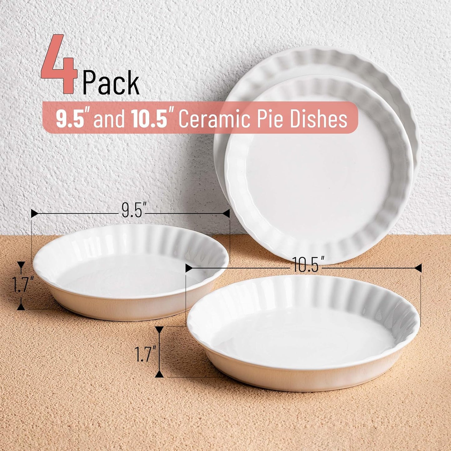 BTaT- Classic White Ceramic Pie Dish Set, 4 pcs, 10.5" & 9.5", Pie Pans for Baking, Christmas Gifts