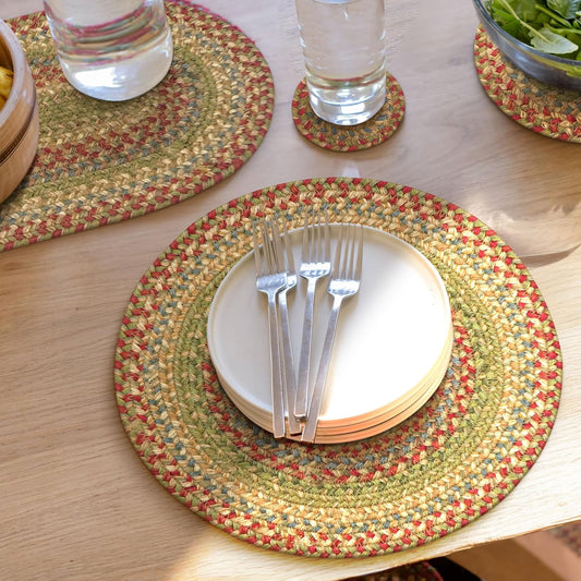 Azalea Round Braided Placemats, Warm Country Primitive Decor, Set of 2, 15" Multicolor Jute Table Mats - Vibrant Colors, Durable, Easy to Clean and Protects Furniture