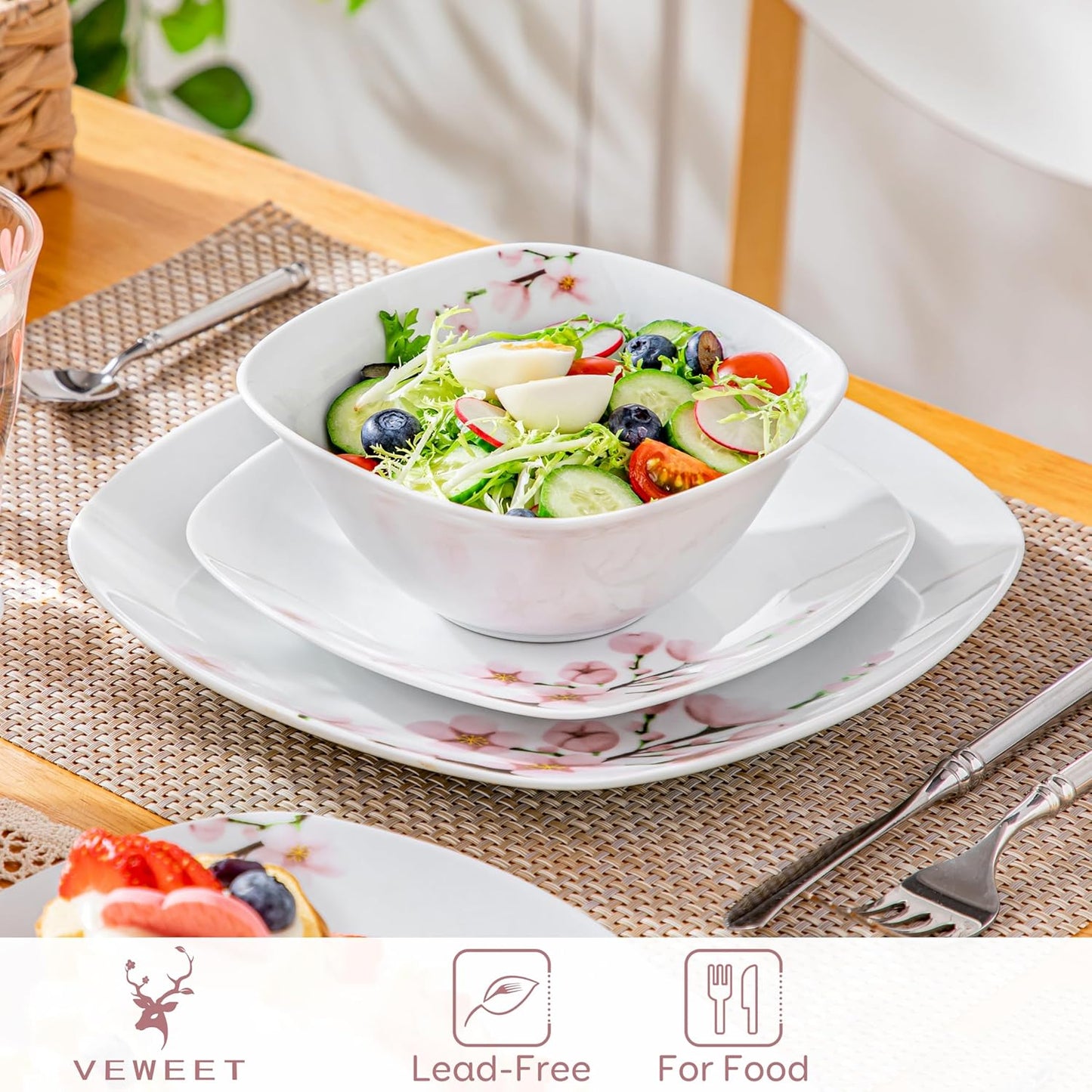 VEWEET Porcelain Dinnerware Set with Pink Floral, 12 PCS Including Dinner Plates, Dessert Plates and Cereal Bowls, Series Annie