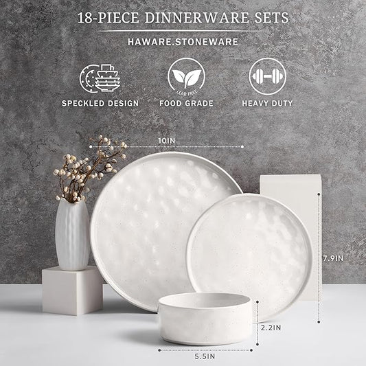 HaWare Dinnerware Sets, 18-Piece Plates and Bowls Set, Stoneware Dish Set for 6, Ceramic Dinnerware for Home Restaurant, Chip and Scratch Resistant, Microwave and Dishwasher Safe, Speckled White