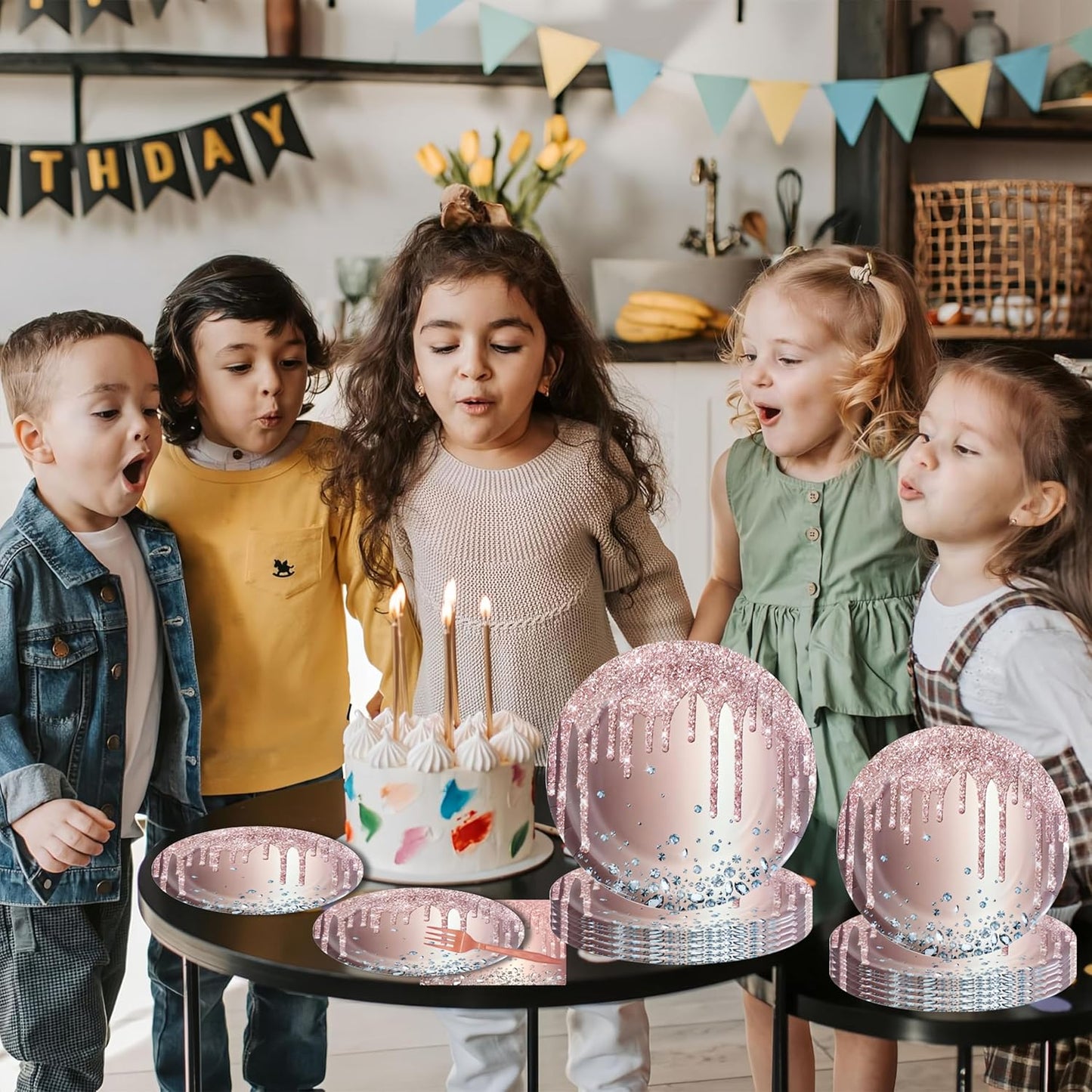 DTDO 96 Pcs Rose Gold Set Disposable Paper Plates Napkins and Forks Pink Party Decoration Rose Gold Themed Birthday Dinnerware for Girls Birthday Decorations, Serves 24