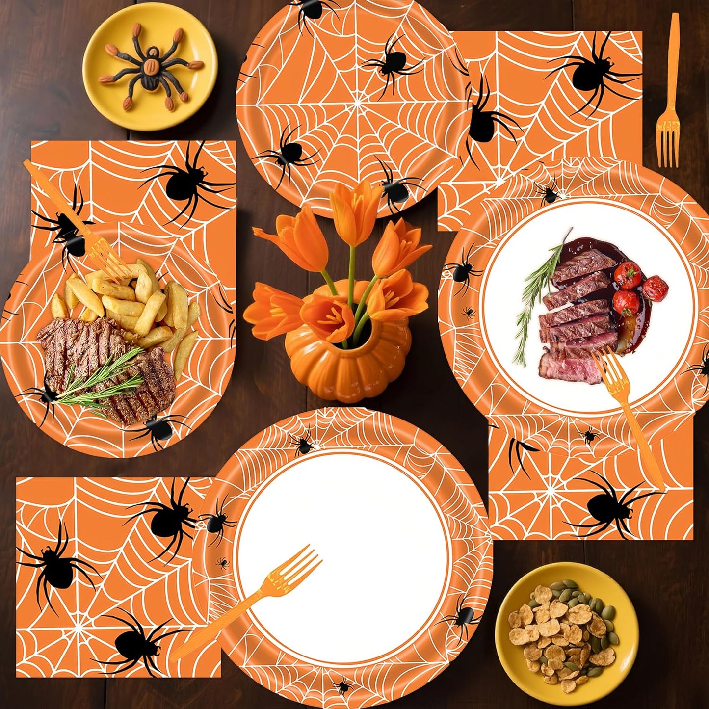DTDO 96Pcs Halloween Spider Web Tableware Set Include Plates and Napkins Forks Birthday Party Decorations Disposable Dinnerware Set for Halloween Birthday Party Serves 24