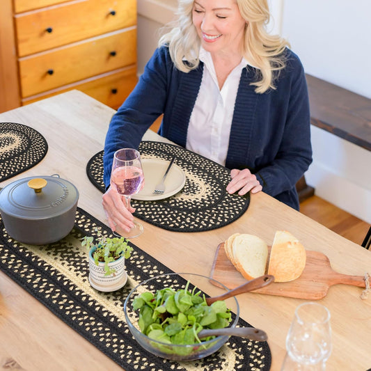 Homespice Manchester Oval Table Runner - 11"x36", Black & Tan - Handcrafted with Jute - Rich Colors, Easy to Clean, Durable and Protects Furniture