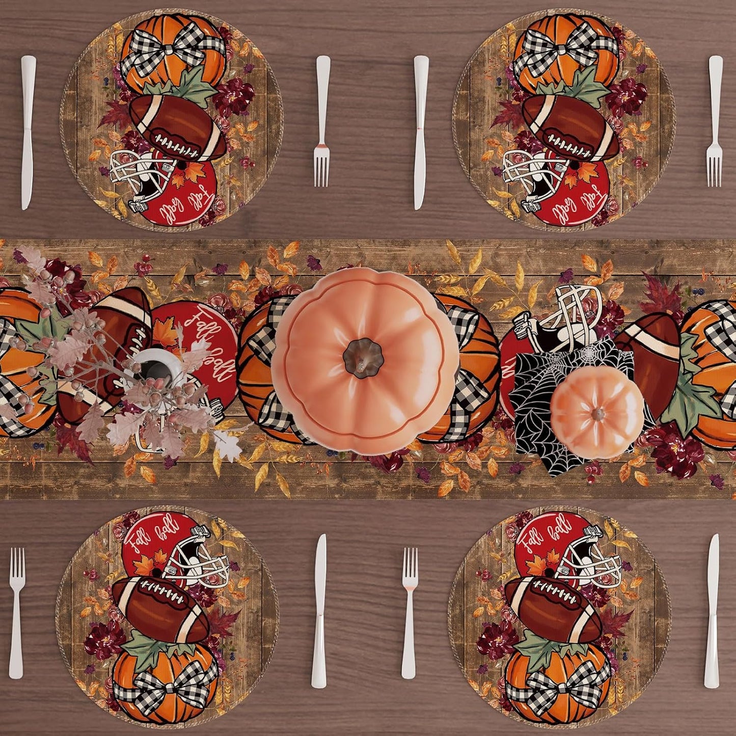 XCHI Fall Football Pumpkin Wood Round Placemats Set of 4 Table Mats for Party Home Kitchen Dining Table Decorations 14x14 Inch