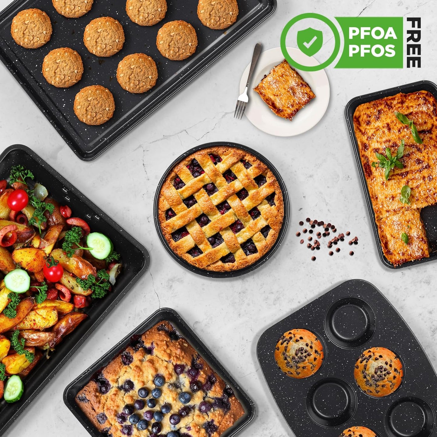 NutriChef 8-Piece Stackable Bakeware Set - Carbon Steel Non-Stick Baking Pan Set, Sheet, Muffin, Round, Loaf, Square Cake & Deep Pans, 450°F Heat Resistant, Standard & Convection Ovens (Black Marble)