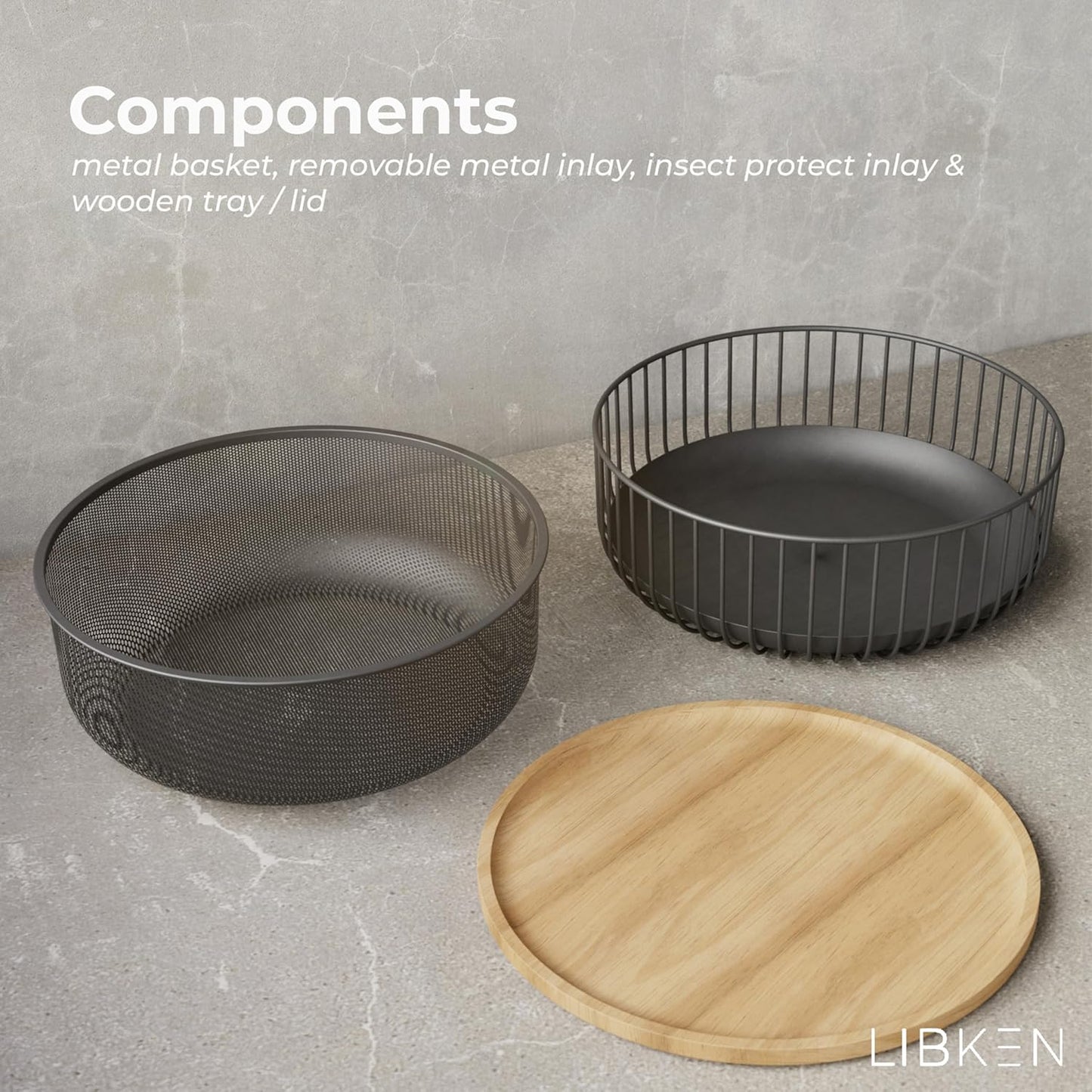 Metal Wire Mesh Fruit Basket with Wooden Lid - Fly-Proof Indoor Solution for Fresh Fruits - Covered Fruit Bowl with Lid - Produce Cover Against Flies for Vegetables - Black