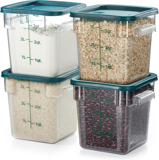 CURTA 4 Pack Food Storage Container with Green Lid - NSF Commercial Grade in 4.0 Qt - Square, Clear, Polycarbonate