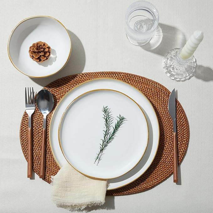 24 Piece White Ceramic Plates and Bowls Sets for 8, Reactive Glaze Stoneware with Coastal‑Line Look | Ideal for Holiday Entertaining, Thanksgiving, and Large Family Meals