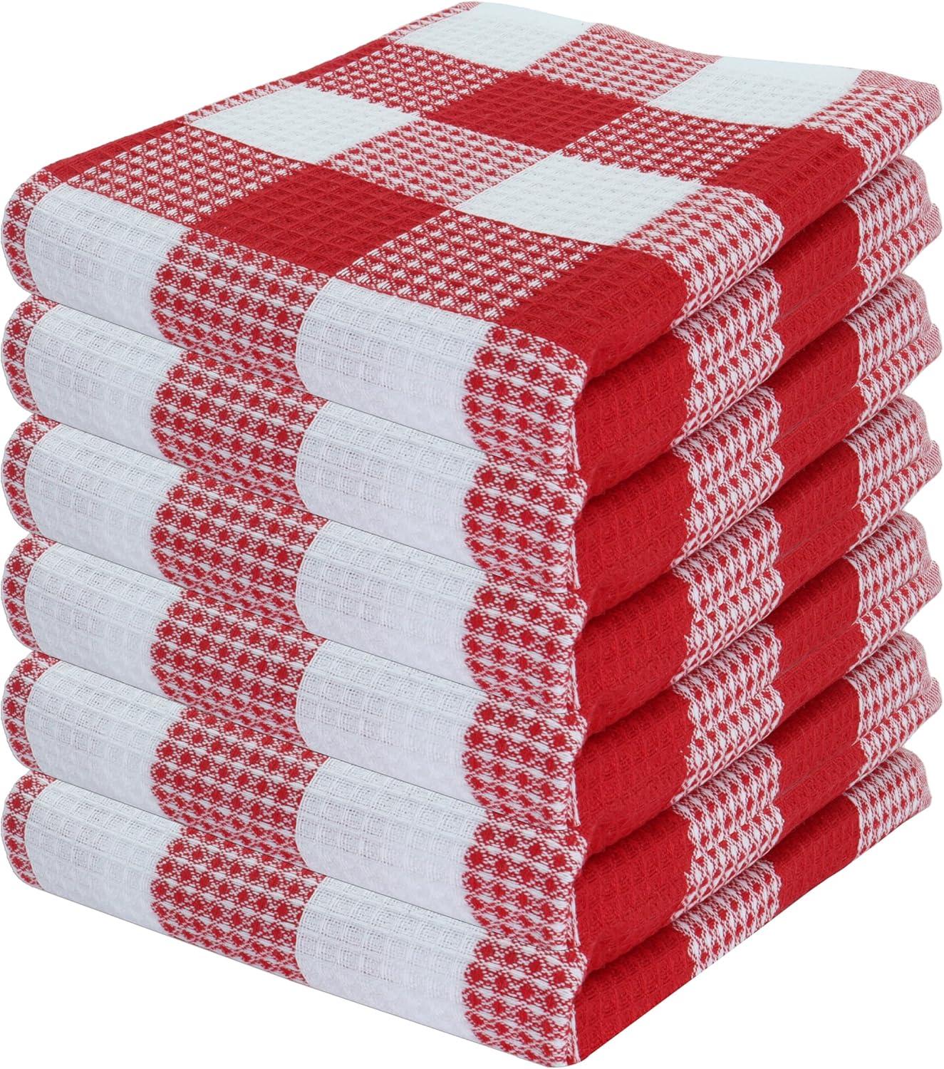 PurpleEssences 100% Cotton Waffle Weave Check Plaid Kitchen Towels, Super Soft and Absorbent Dish Towels for Drying Dishes 15 x 25-6 Pack - Fall Thanksgiving - Red and White