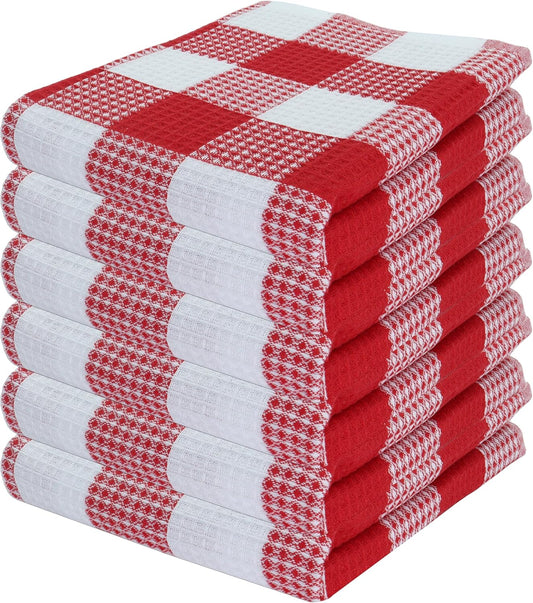 PurpleEssences 100% Cotton Waffle Weave Check Plaid Kitchen Towels, Super Soft and Absorbent Dish Towels for Drying Dishes 15 x 25-6 Pack - Fall Thanksgiving - Red and White
