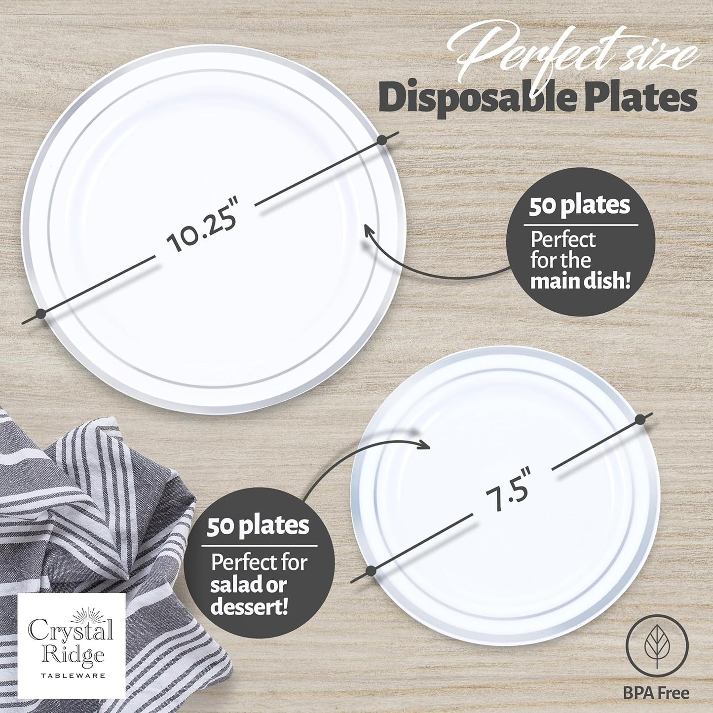 100-Piece Plastic Plates Set - Premium 50 Dinner & 50 Salad Plates, Disposable for Parties - White with Silver Rim