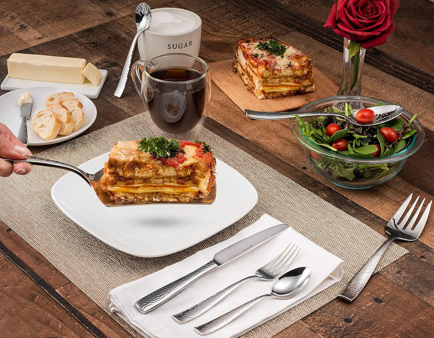 Hudson Essentials 48-Piece Hammered 18/10 Stainless Steel Silverware Cutlery Set with Serving Set, Flatware Service for 8