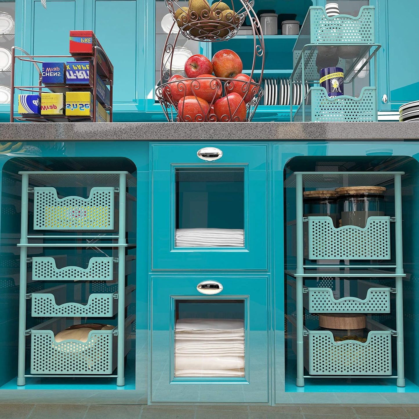 Simple Houseware Stackable 3 Tier Sliding Basket Organizer Drawer, Turquoise