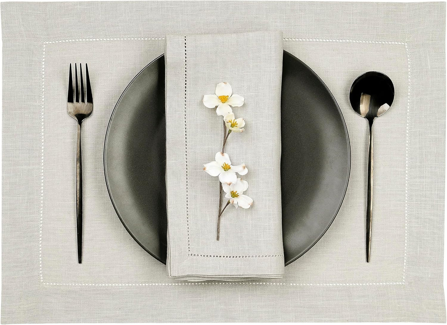 D'Moksha Homes Silver Grey Linen Cloth Placemats Set of 8-100% Pure Linen Hemstitch Placemats 14 x 19 Inch - Classic Hemstitch Table Place Mats for Fall, Halloween - Handcrafted and Machine Washable