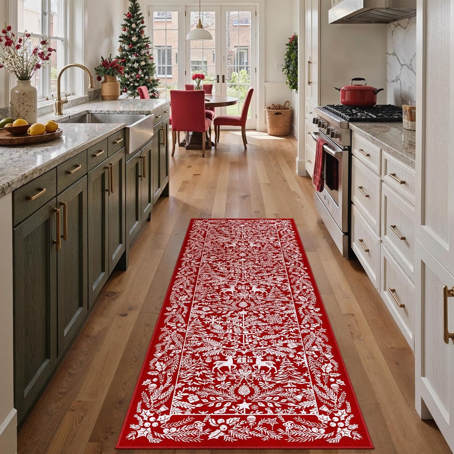 Christmas Runner Rugs 2x6 Machine Washable Hallway Rugs Low Pile Carpet Red Snowflake Non-Slip Indoor Doormat Christmas Deer Long Carpet for Bedroom Kitchen Entryway Bathroom Laundry Room